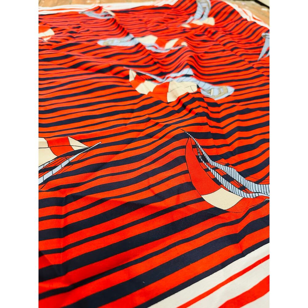Vintage 70/80s Red White Black Horizontal Striped Sailboats Design Scarf - Picture 4 of 5